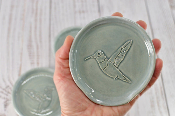 Hummingbird Ceramic Stove Top Spoon Rest, Handmade Kitchen Counter Organization Stoneware Pottery in Pale Gray Blue