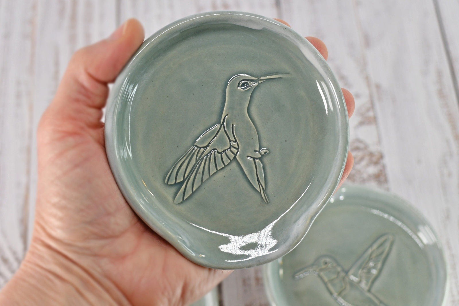 Hummingbird Ceramic Stove Top Spoon Rest, Handmade Kitchen Counter Organization Stoneware Pottery in Pale Gray Blue