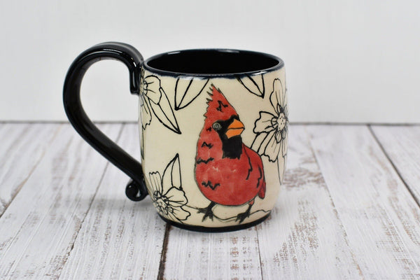Red Cardinal Bird Handmade Pottery Mug, Ceramic Coffee Cup Gift, Stoneware Hand Painted Hand Drawn, Microwave Safe, Ready to Ship