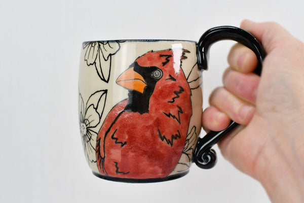 Red Cardinal Bird Handmade Pottery Mug, Ceramic Coffee Cup Gift, Stoneware Hand Painted Hand Drawn, Microwave Safe, Ready to Ship
