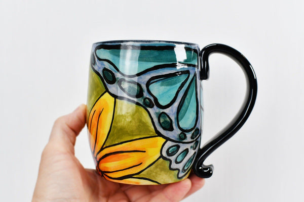 Butterfly Sunflower Handmade Pottery Mug, Mother's Day Gift Ceramic Coffee Cup, Stoneware Hand Painted, White, Orange, Black, Microwave Safe