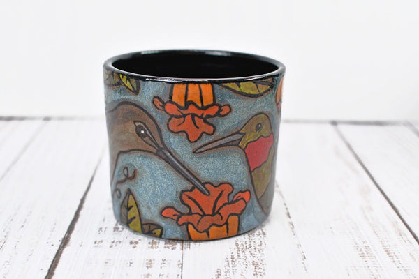 Hummingbird Handmade Pottery Cup Gift for Her, Small Ceramic Handleless Tumbler, Stoneware Hand Painted, Microwave Safe, Ready to Ship