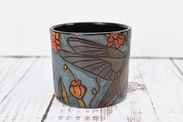 Hummingbird Handmade Pottery Cup Gift for Her, Small Ceramic Handleless Tumbler, Stoneware Hand Painted, Microwave Safe, Ready to Ship