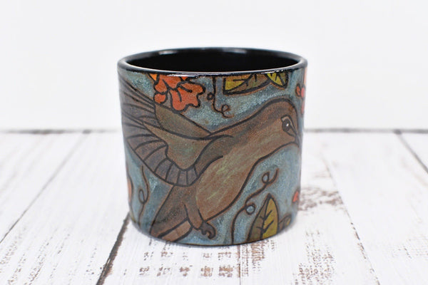 Hummingbird Handmade Pottery Cup Gift for Her, Small Ceramic Handleless Tumbler, Stoneware Hand Painted, Microwave Safe, Ready to Ship