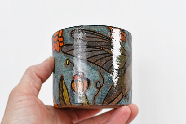 Hummingbird Handmade Pottery Cup Gift for Her, Small Ceramic Handleless Tumbler, Stoneware Hand Painted, Microwave Safe, Ready to Ship