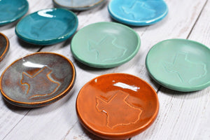 Texas State Ceramic Small Coffee Spoon Rest, Jewelry Trinket Dish, Handmade Stoneware Pottery, Burnt Orange, Blue, Turquoise, Brown, Green