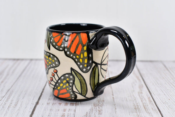 Monarch Butterflies Handmade Pottery Mug, Ceramic Coffee Cup, Stoneware Hand Painted, Orange, Black, Yellow, White Butterfly, Microwave Safe