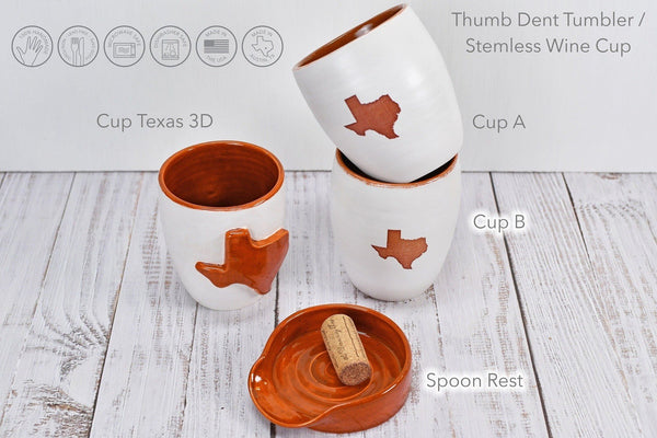 Texas Wine Cup Tumblers with Thumb Dent, Handmade Ceramic Pottery Barware Gift for Austin Football, Housewarming or Groomsman