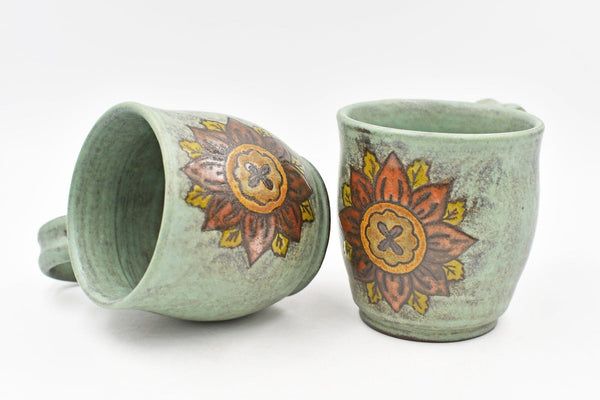 Ceramic Coffee Mug with Copper Sunflower and Desert Sage Pottery Cup, Handmade Hand Painted Stoneware Anniversary Gift
