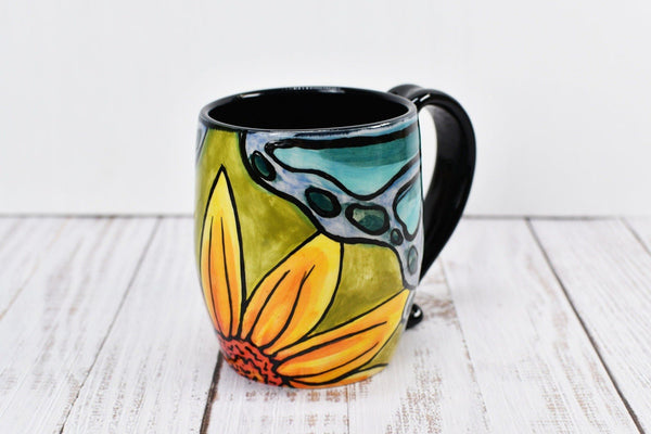 Butterfly Sunflower Handmade Pottery Mug, Mother's Day Gift Ceramic Coffee Cup, Stoneware Hand Painted, White, Orange, Black, Microwave Safe