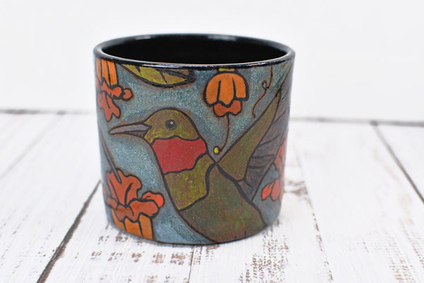 Hummingbird Handmade Pottery Cup Gift for Her, Small Ceramic Handleless Tumbler, Stoneware Hand Painted, Microwave Safe, Ready to Ship