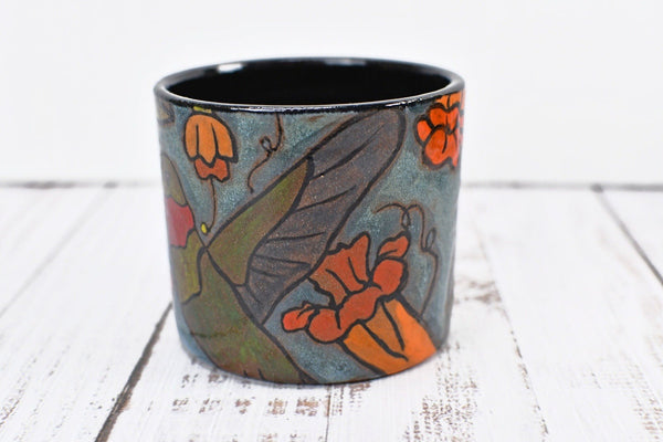 Hummingbird Handmade Pottery Cup Gift for Her, Small Ceramic Handleless Tumbler, Stoneware Hand Painted, Microwave Safe, Ready to Ship