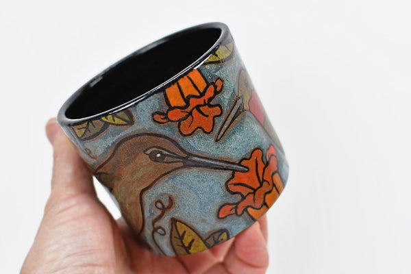 Hummingbird Handmade Pottery Cup Gift for Her, Small Ceramic Handleless Tumbler, Stoneware Hand Painted, Microwave Safe, Ready to Ship