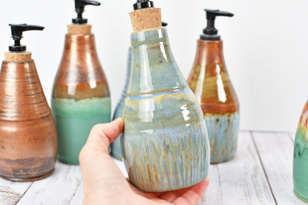 Handmade Ceramic Lotion / Soap Dispenser Stoneware Pottery in Copper Green Bronze Teal Blue Gray for Bathroom and Kitchen Decor