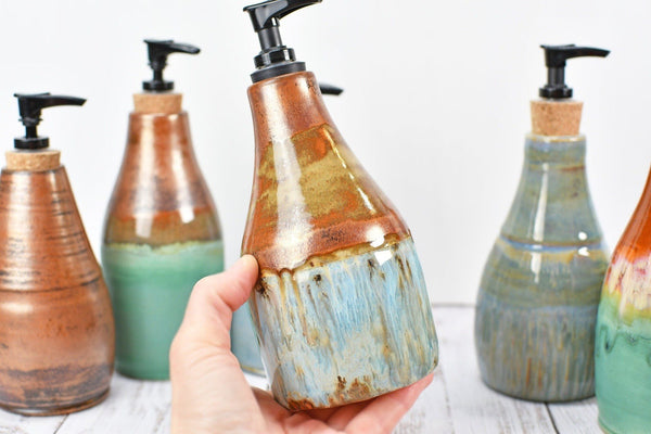 Handmade Ceramic Lotion / Soap Dispenser Stoneware Pottery in Copper Green Bronze Teal Blue Gray for Bathroom and Kitchen Decor