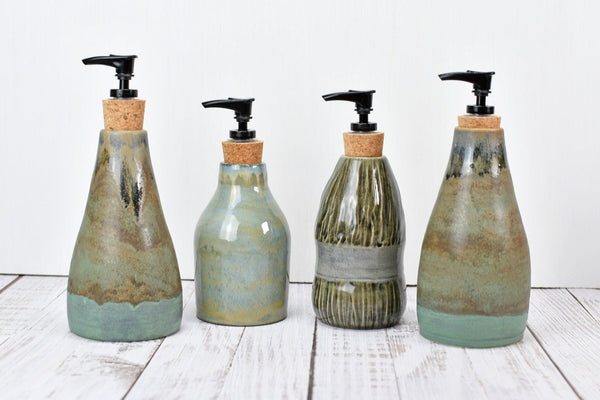 Handmade Ceramic Lotion / Soap Dispenser Stoneware Pottery in Bronze Teal Blue Gray for Bathroom and Kitchen Decor