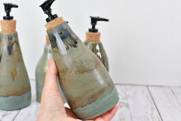 Handmade Ceramic Lotion / Soap Dispenser Stoneware Pottery in Bronze Teal Blue Gray for Bathroom and Kitchen Decor