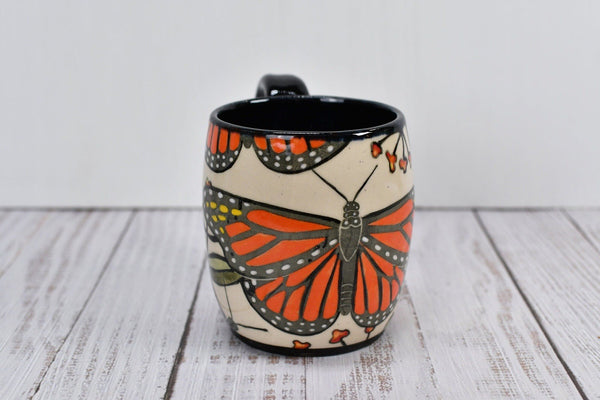 Monarch Butterflies Handmade Pottery Mug, Ceramic Coffee Cup, Stoneware Hand Painted, Orange, Black, Yellow, White Butterfly, Microwave Safe