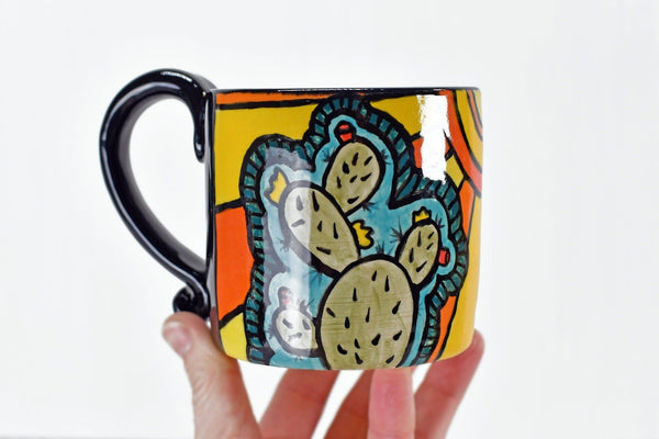 Cute Cactus Handmade Pottery Mug, Bright Colors Desert Southwest Gift, Ceramic Coffee Cup, Stoneware Hand Painted