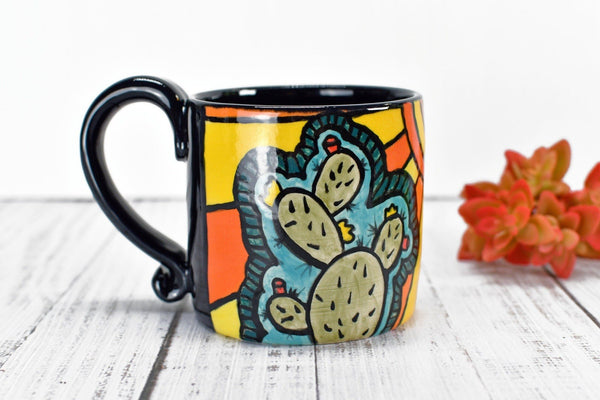 Cute Cactus Handmade Pottery Mug, Bright Colors Desert Southwest Gift, Ceramic Coffee Cup, Stoneware Hand Painted