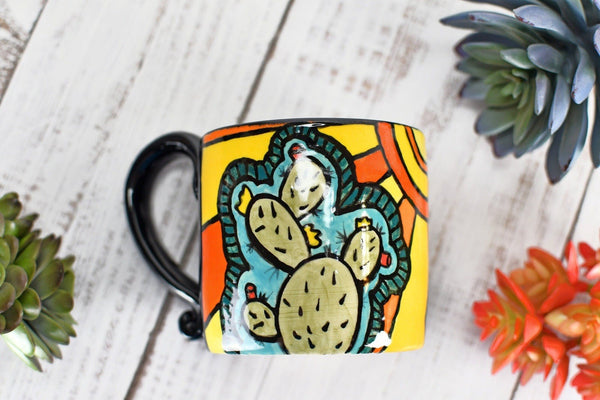 Cute Cactus Handmade Pottery Mug, Bright Colors Desert Southwest Gift, Ceramic Coffee Cup, Stoneware Hand Painted