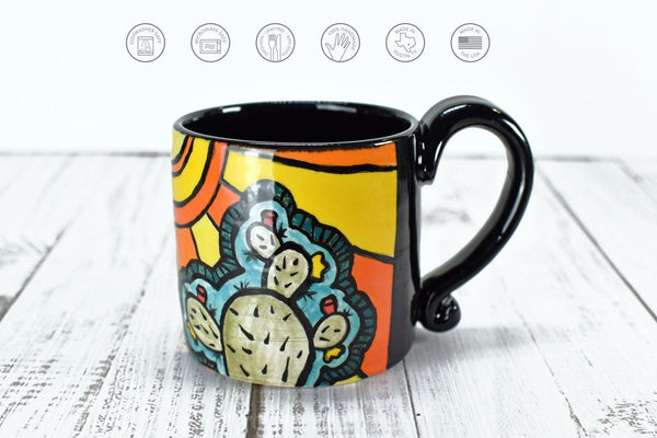 Cute Cactus Handmade Pottery Mug, Bright Colors Desert Southwest Gift, Ceramic Coffee Cup, Stoneware Hand Painted