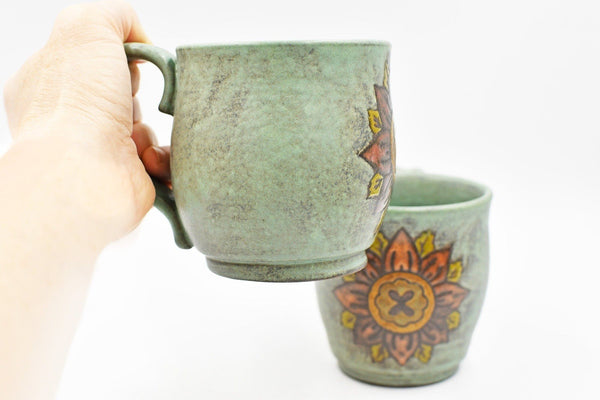 Ceramic Coffee Mug with Copper Sunflower and Desert Sage Pottery Cup, Handmade Hand Painted Stoneware Anniversary Gift