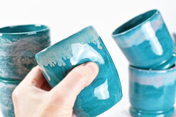 Stemless Ceramic Wine Tumbler Handmade with Thumb Dent, Cocktail Whiskey Bourbon Scotch Cup Stoneware Pottery in Turquoise and Beachy White