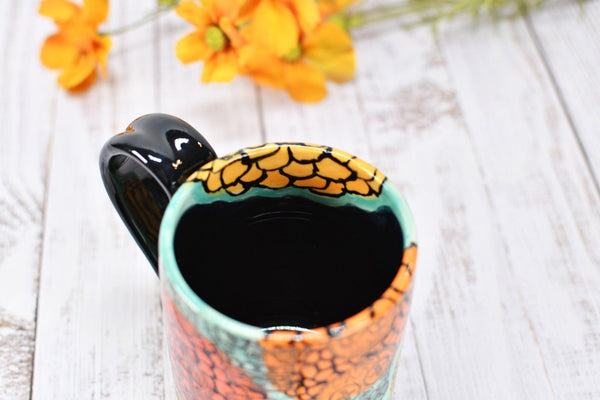 Sugar Skull Ceramic Coffee Mug, Handmade Stoneware Pottery Cup, Hand Painted with Black, Yellow, Orange, Turquoise - Ready to Ship