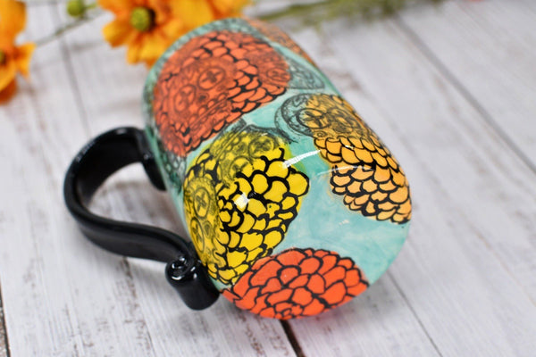 Sugar Skull Ceramic Coffee Mug, Handmade Stoneware Pottery Cup, Hand Painted with Black, Yellow, Orange, Turquoise - Ready to Ship