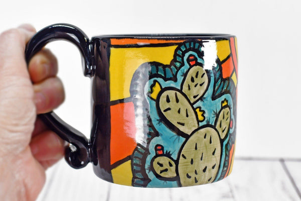 Cute Cactus Handmade Pottery Mug, Bright Colors Desert Southwest Gift, Ceramic Coffee Cup, Stoneware Hand Painted