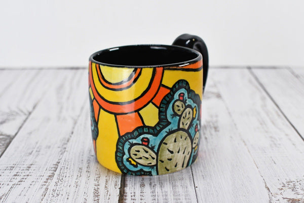 Cute Cactus Handmade Pottery Mug, Bright Colors Desert Southwest Gift, Ceramic Coffee Cup, Stoneware Hand Painted