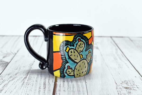 Cute Cactus Handmade Pottery Mug, Bright Colors Desert Southwest Gift, Ceramic Coffee Cup, Stoneware Hand Painted