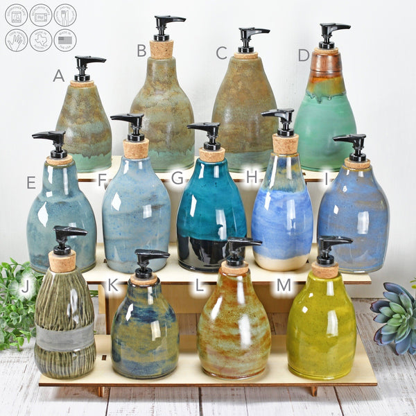 Handmade Ceramic Lotion / Soap Dispenser Stoneware Pottery in Blue Jean Gray, Green, Bronze, Teal, Turquoise for Bathroom and Kitchen Decor