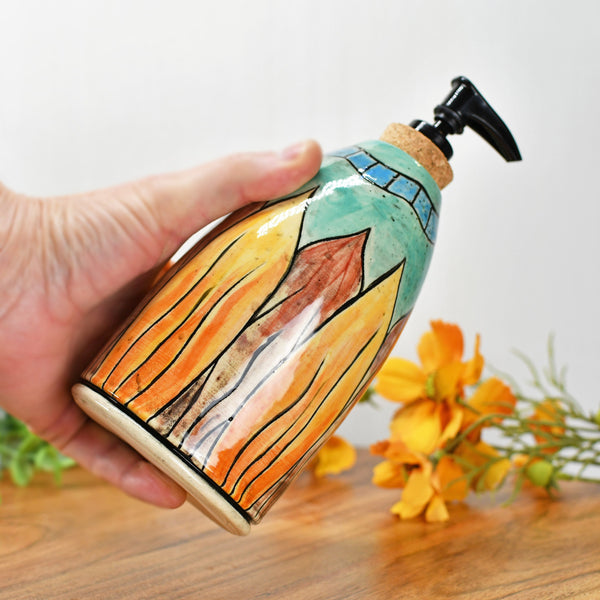 Handmade Ceramic Lotion / Soap Dispenser, Hand Carved & Hand Painted Sunflower Stoneware Pottery Bathroom / Kitchen Decor in Teal and Orange