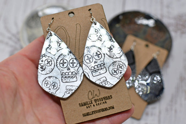 Sugar Skull Earrings, Cute Dangle Acrylic Jewelry, Lightweight Punk, Gothic, Metal Concert Fashion Accessory in Black and Silver Gray
