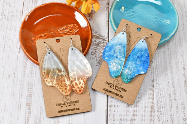 Monarch Butterfly Wing Earrings - Hand Painted Acrylic with Alcohol Inks in Charcoal Rust, & Caribbean Blue Teal, Handmade Boho Jewelry
