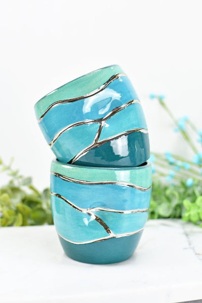 Stemless Ceramic Wine Tumbler Handmade with Thumb Dent, Striped Beachy Turquoise & Blue with Real White Gold Luster Stoneware Pottery Cup