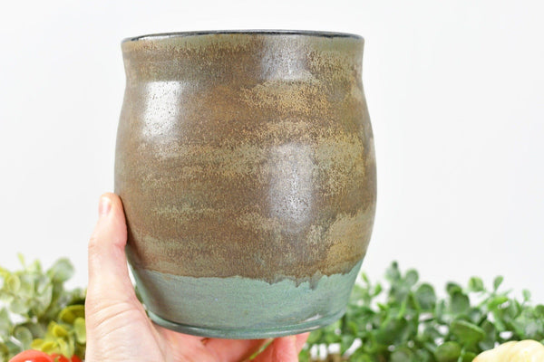 Ceramic Utensil Holder Crock for Kitchen Countertop, Pottery Organizer in Bronze and Sage Green, Flower Pot or Housewarming Gift