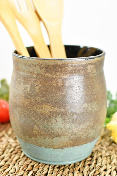 Ceramic Utensil Holder Crock for Kitchen Countertop, Pottery Organizer in Bronze and Sage Green, Flower Pot or Housewarming Gift