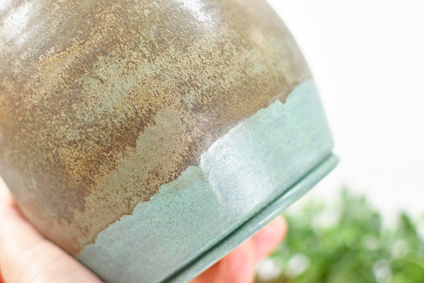 Ceramic Utensil Holder Crock for Kitchen Countertop, Pottery Organizer in Bronze and Sage Green, Flower Pot or Housewarming Gift