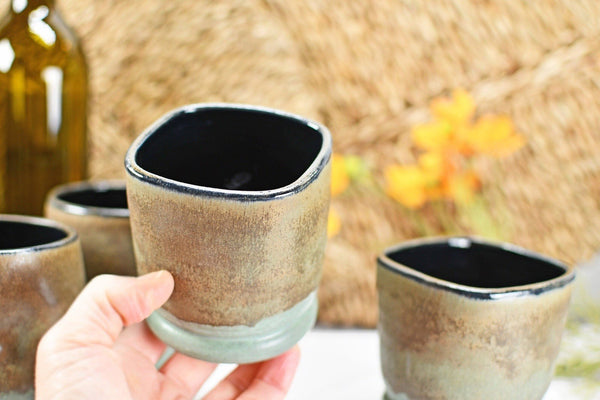 Ceramic Wine Tumbler with Thumb Dent & Whiskey Cup, Handmade Bronze and Sage Green Stoneware Pottery Drink and Barware