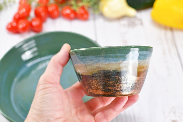 Chip and Dip Ceramic Bowl Set, Handmade Beachy Copper and Turquoise Detached Snack Stoneware Pottery Party Serving Dishes