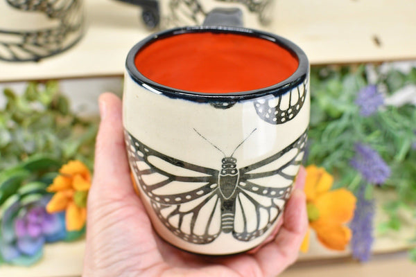 Monarch Butterfly Ceramic Mug, Handmade Pottery Stoneware Coffee Cup Gift, Screen Printed Purple, Green, Orange, Black & White, Wheel Thrown