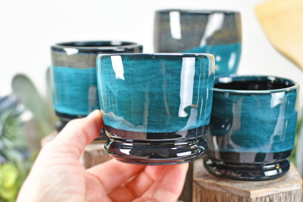 Ceramic Utensil Holder Crock for Kitchen Countertop, Pottery Organizer in Black and Turquoise Blue, Wine Whiskey Cups Housewarming Gift