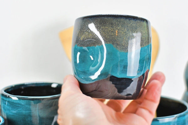 Ceramic Utensil Holder Crock for Kitchen Countertop, Pottery Organizer in Black and Turquoise Blue, Wine Whiskey Cups Housewarming Gift