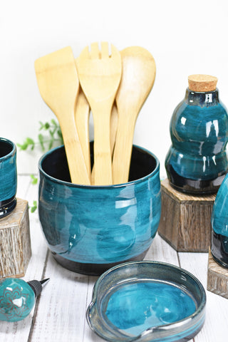 Ceramic Utensil Holder Crock for Kitchen Countertop, Pottery Organizer in Black and Turquoise Blue, Wine Whiskey Cups Housewarming Gift