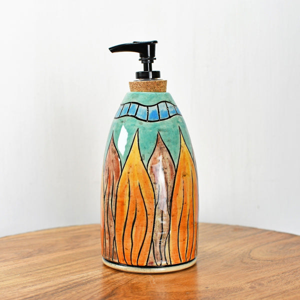 Handmade Ceramic Lotion / Soap Dispenser, Hand Carved & Hand Painted Sunflower Stoneware Pottery Bathroom / Kitchen Decor in Teal and Orange