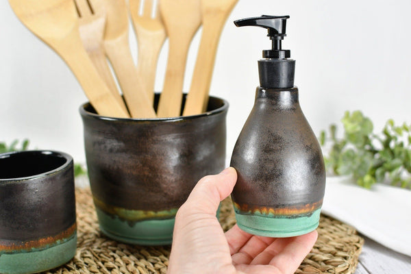 Ceramic Utensil Holder Crock for Kitchen Countertop, Pottery Organizer in Bronze Sage Verdigris Green, Flower Pot or Housewarming Gift