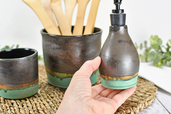 Ceramic Utensil Holder Crock for Kitchen Countertop, Pottery Organizer in Bronze Sage Verdigris Green, Flower Pot or Housewarming Gift